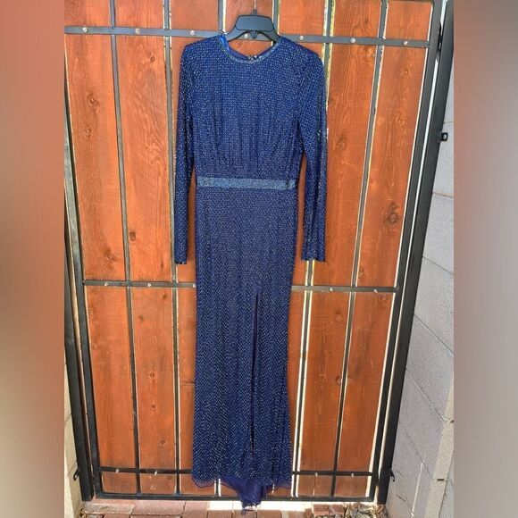 MAC DUGGAL Lattice Beaded Long Sleeve Evening Gown Size 4 Midnight blue NWT - Picture 2 of 14